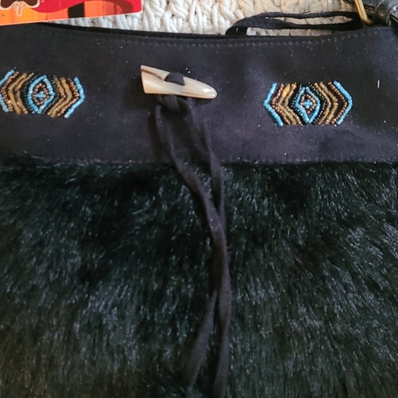 NWOT BO HO BEADED BLACK SUEDE FAUX FUR HANDBAG - Picture 4 of 16